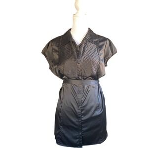 Y2K FANG Satin Button Down Bib Tie Black Mini Dress Large Glam Dark Femme‎ Goth